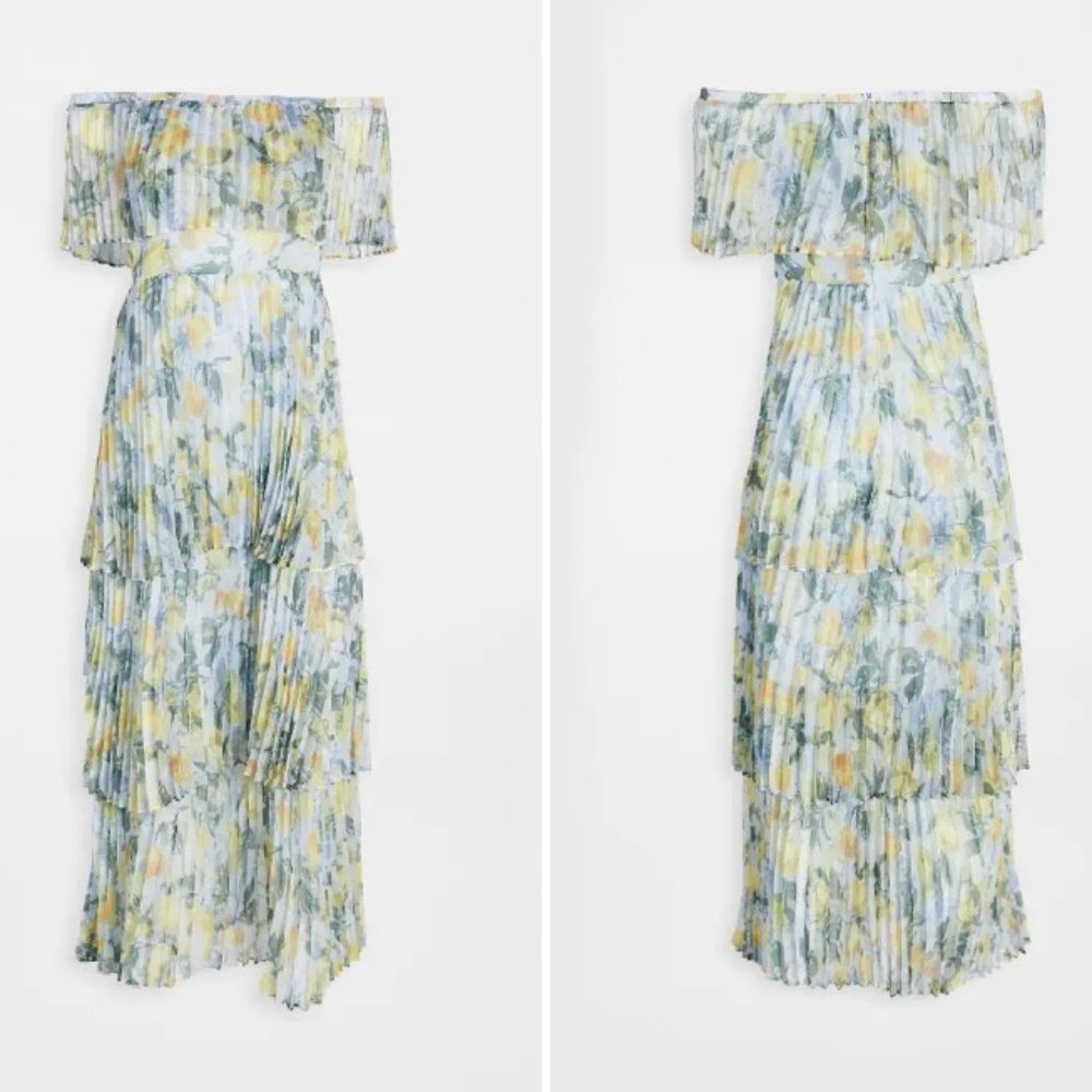 O.P.T MALO FLORAL PLEATED TIERED OFF THE SHOULDER MIDI DRESS